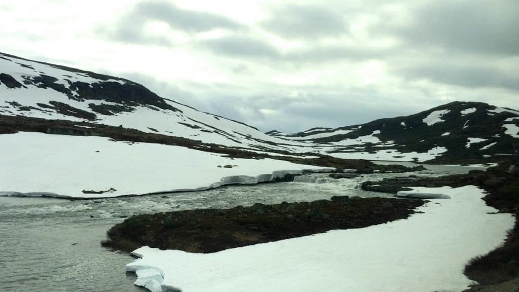 A snowy view from the Oslo to Bergen train