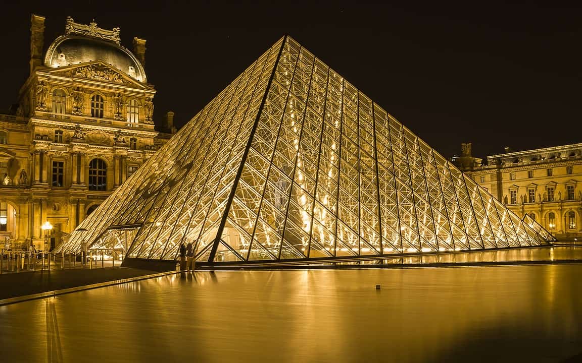 Exterior of the world-famous Louvre lit up at night